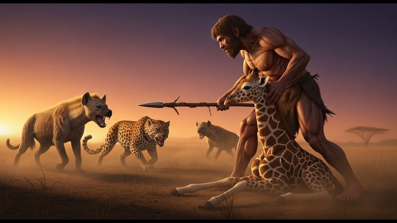 Life 2 Million Years Ago | Homo Erectus Rescues a Giraffe Calf from Hyenas and a Leopard