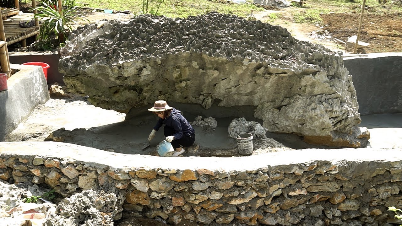 Fish Pond Creation Skills: Girl Creates Fish Pond in Front of House Using Natural Stone