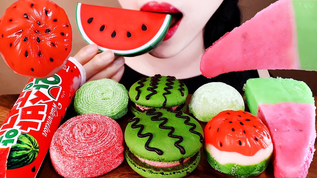 ASMR WATERMELON DESSERT GUMMY JELLY, CANDY, MACARONS, ICE CREAM, RICE CAKE, WAGASHI 수박디저트먹방 MUKBANG