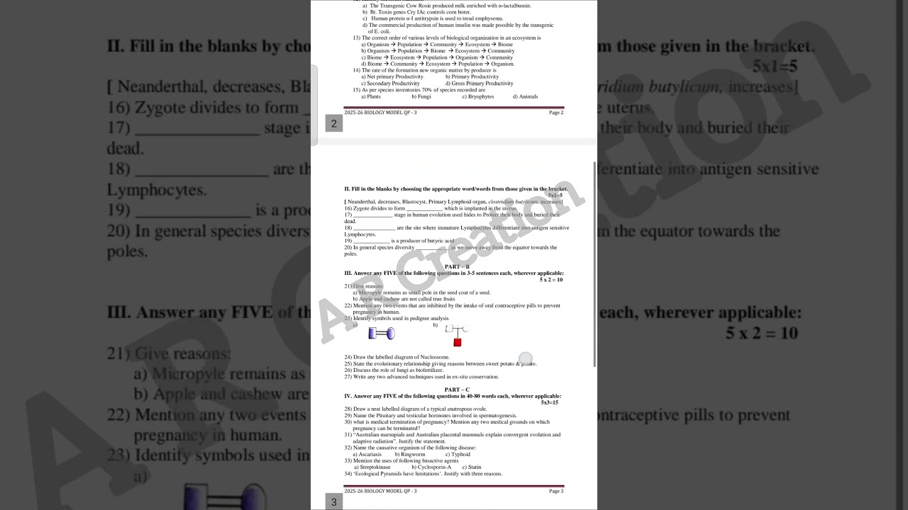 💥2nd PUC BIOLOGY MODEL QUESTION PAPER 3 || 2025-26 