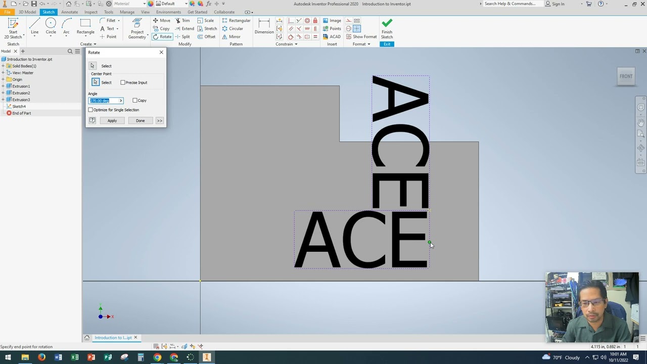 Inventor: Sketch - Text, Rotate, Scale, Project Geometry, Offset