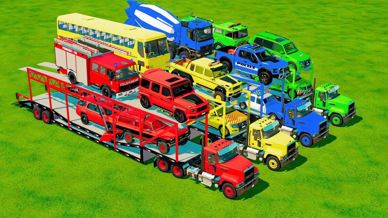 TRANSPORTING POLICE CARS, AMBULANCES, FIRE TRUCKS AND COLORFUL CARS BY TRAIN! - FARMING SIMULATOR 22