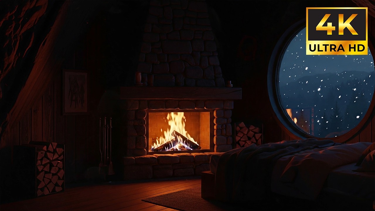 Winter Night Fireplace 🔥❄️ Cozy Cabin with Snowstorm Sounds | 4K Relaxing Ambience