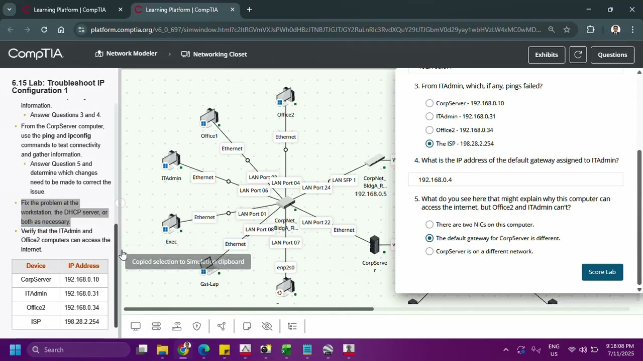 Network+ Cert Master Labs: Troubleshoot IP Configuration 1