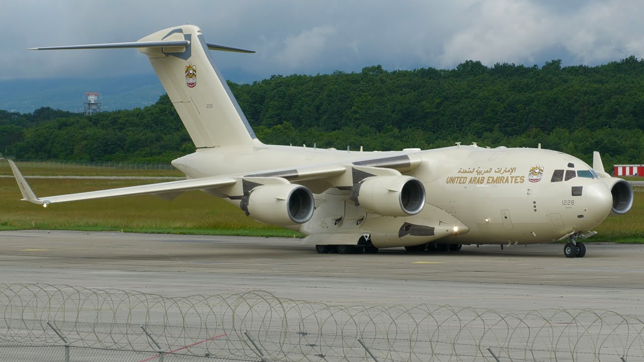 4K | *Gold C17* UAE Air Force Boeing C-17A Globemaster III 1228 landing at Geneva/GVA/LSGG