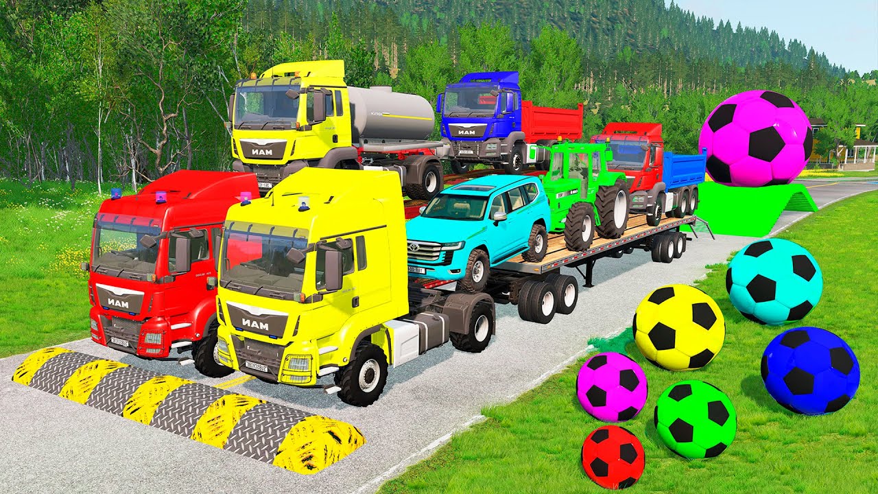 Flatbed Trailer McQueen Transportation with Truck - Speedbumps vs Cars vs Train - BeamNG.Drive #5