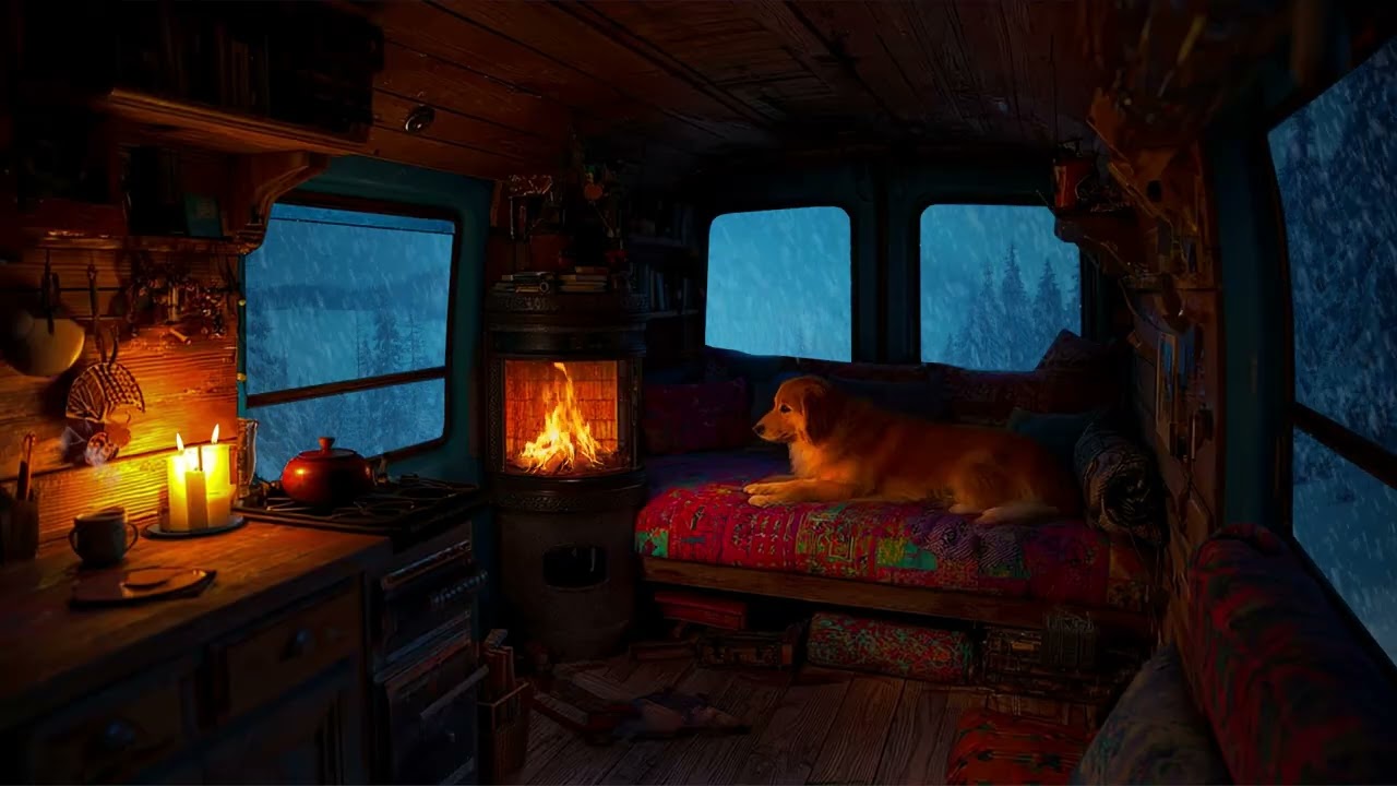 Blizzard Night in a Wooden Cabin | Crackling Fireplace & Howling Wind for Cozy Sleep