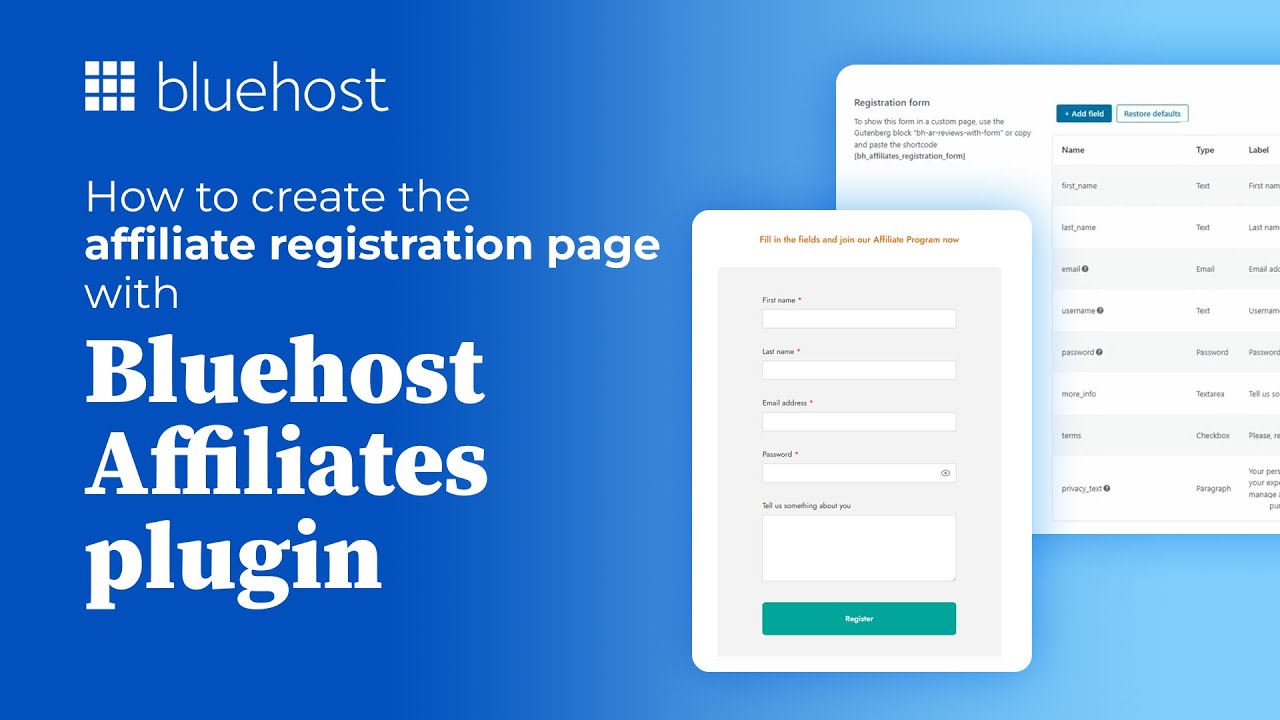 How to create the affiliate registration page with the Bluehost Affiliates plugin