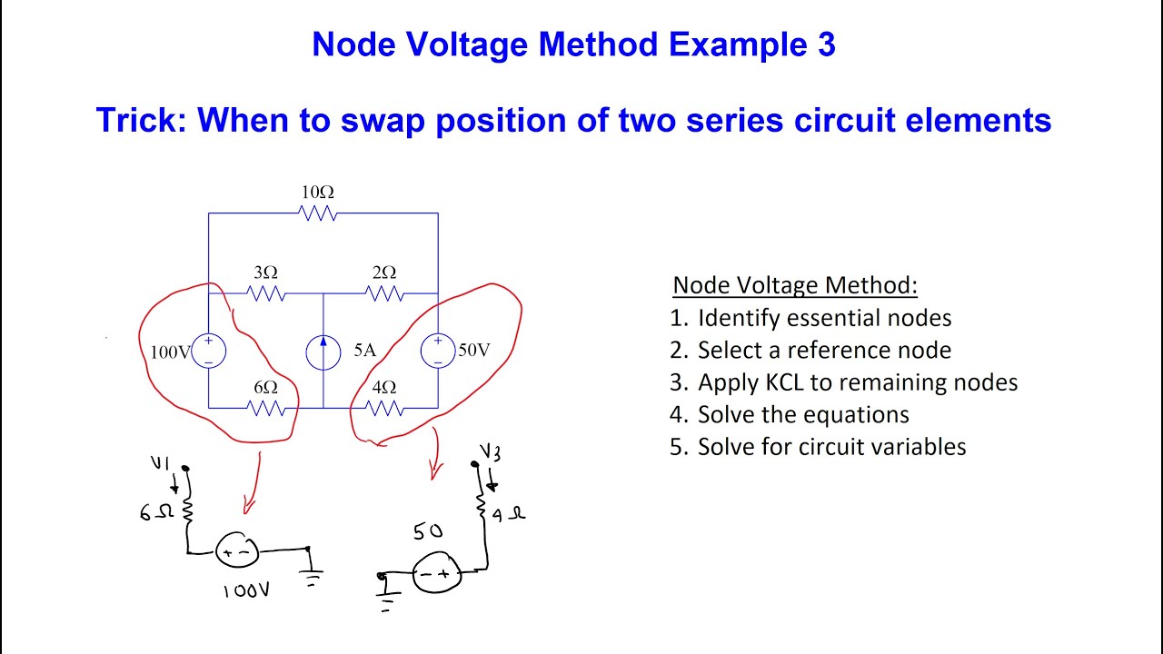 Node Voltage Method  - Example 3 (Trick: When to swap position of two series circuit elements)
