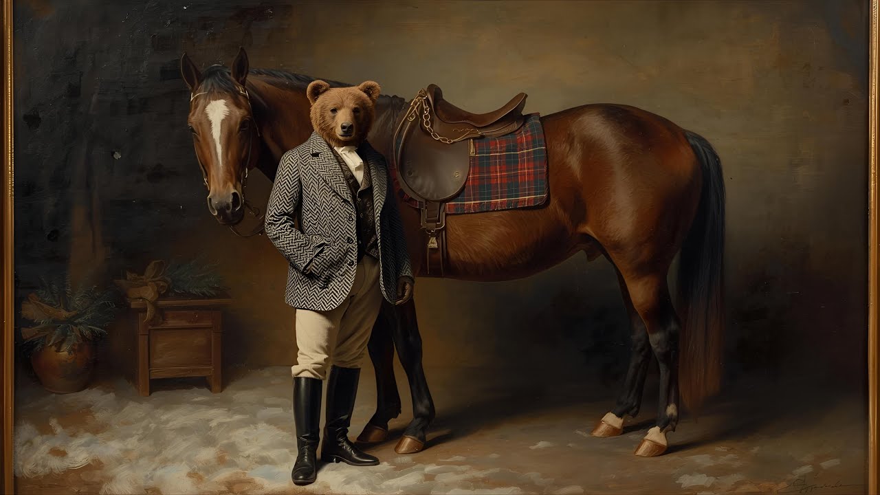 Ralph Lauren Inspired Equestrian Bear | Old Money Christmas TV Art | Moody Vintage @99for1TVart 