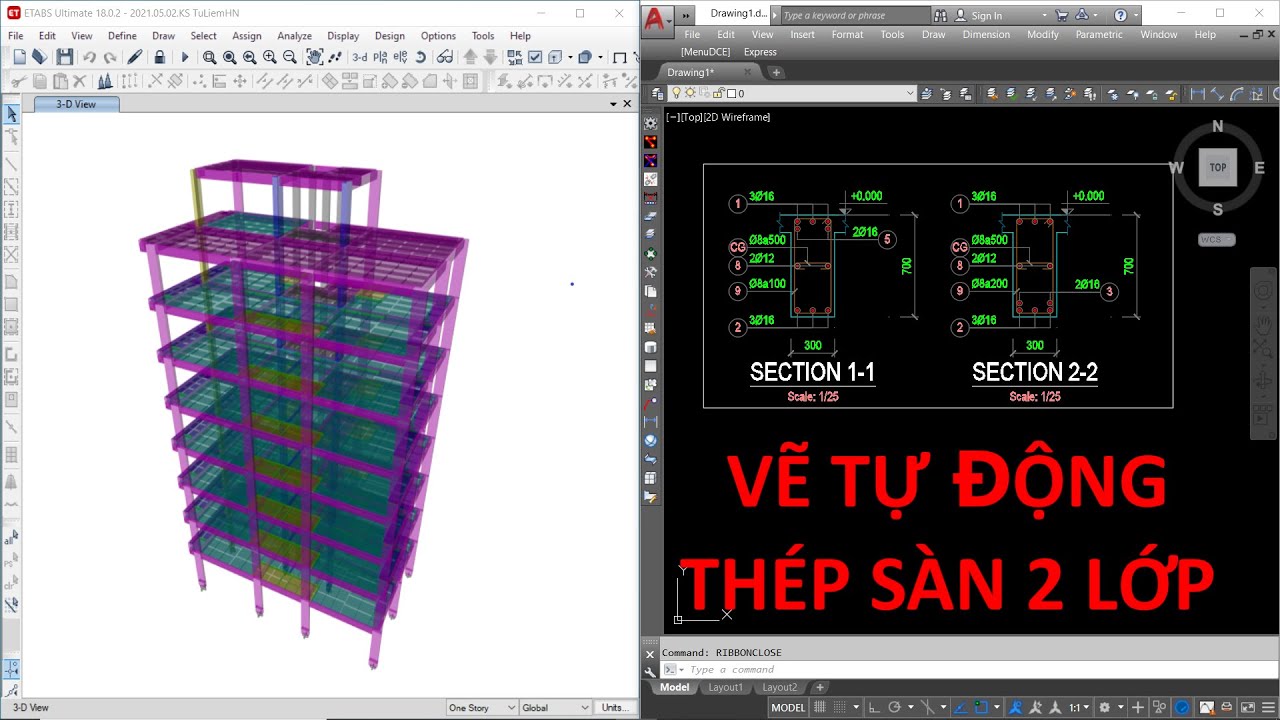 Vẽ tự động thép sàn 2 lớp trên cùng 1 bản vẽ | DBim
