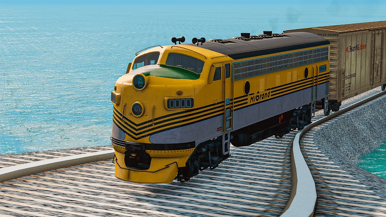 Wonderful Color Train vs Incredible Dubble Broken Rails Track Crossing Deepwater | BeamNG.drive
