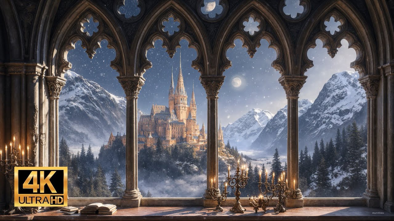 Winter Castle Window View 4K ❄️ Snowfall & Cold Wind Sounds | Magical Study & Sleep Ambience