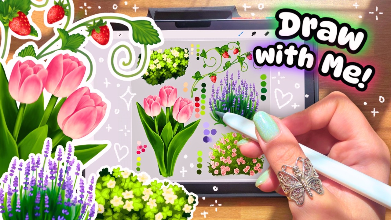 ⋆.˚🍀 Draw With Me 🌈 Studying Flowers and Plants in Procreate 🍓˚.⋆