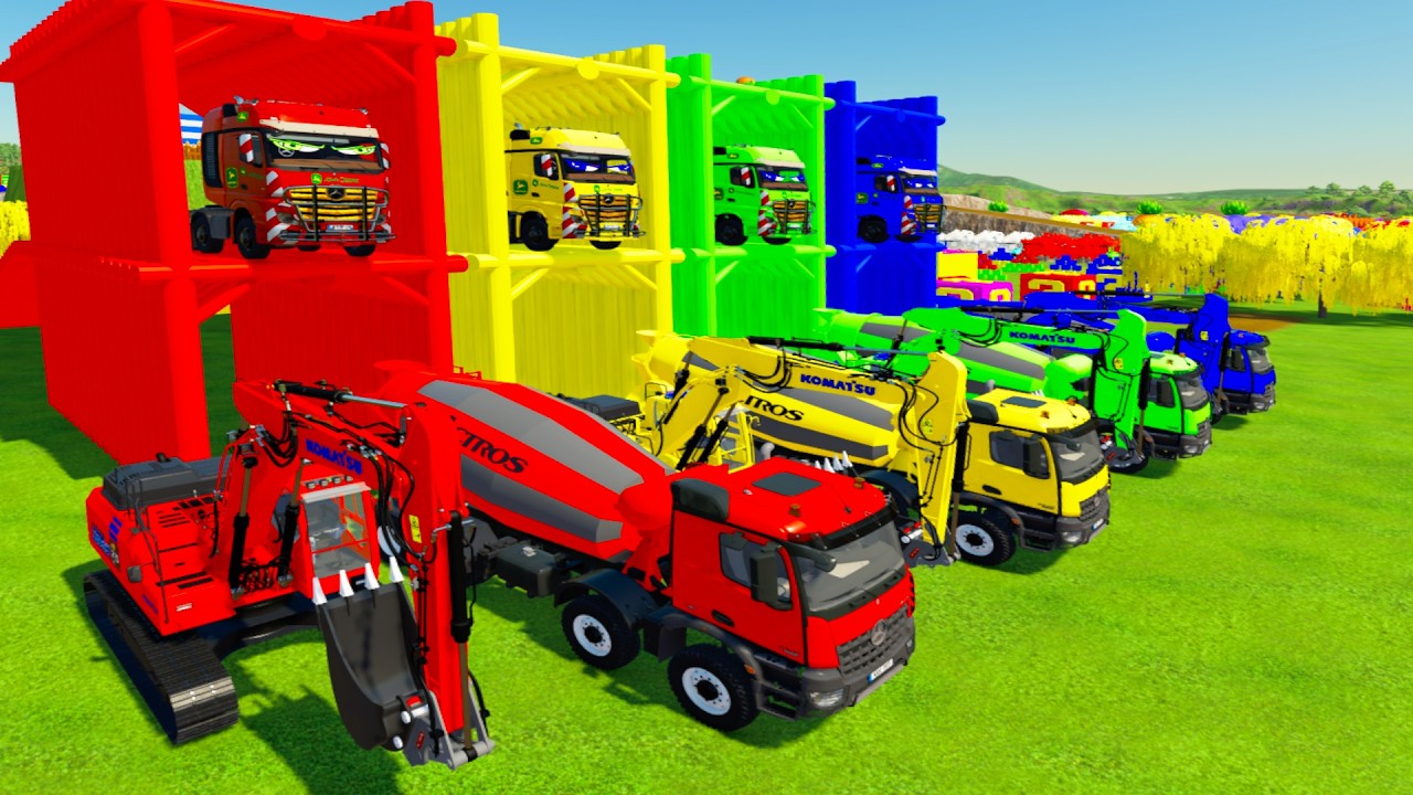 Colorful Trucks -ALL COLORED KOMATSU HB-215 EXCAVATOR, ACTROS MIXER TRUCK TRANSPORTING TO GARAGE