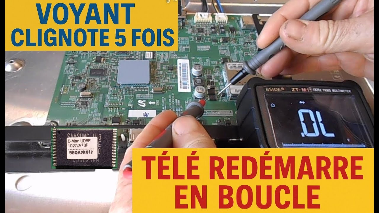 Dépannage TV SAMSUNG : le voyant rouge clignote 5 fois et la télé redémarre en boucle.