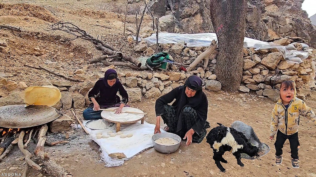 Baking nomadic bread by grandmother and Madina