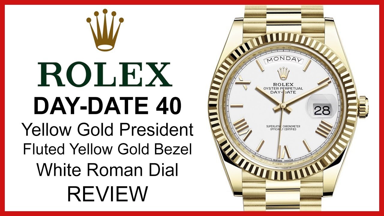 Rolex Day-Date 40, White Roman Dial, Fluted Yellow Gold Bezel, President Bracelet, REVIEW - 228238