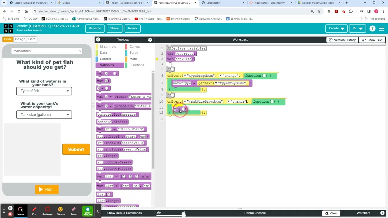 Code.org CSP Decision Maker Variables and onEvents Tutorial