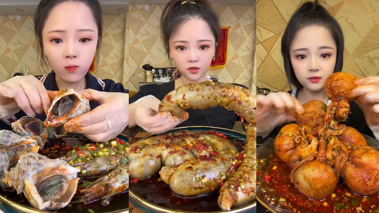 ASMR Mukbang |"BIG BITE" Chinese Girls Eating Pork Belly" Enjoying Delicious Treats, 음식 먹방 모음이 