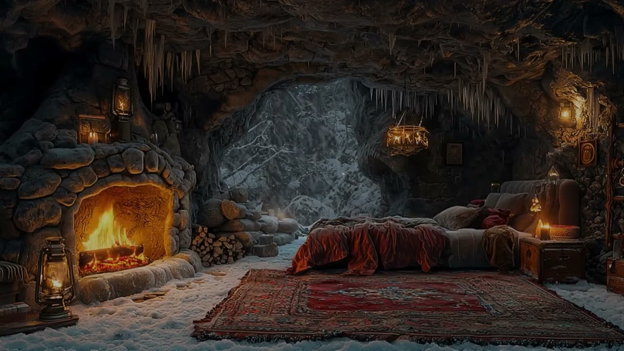 Cave with Falling Snow & Fireplace Burning | Crackling Fire Sounds, Howling Wind for a Good Sleep