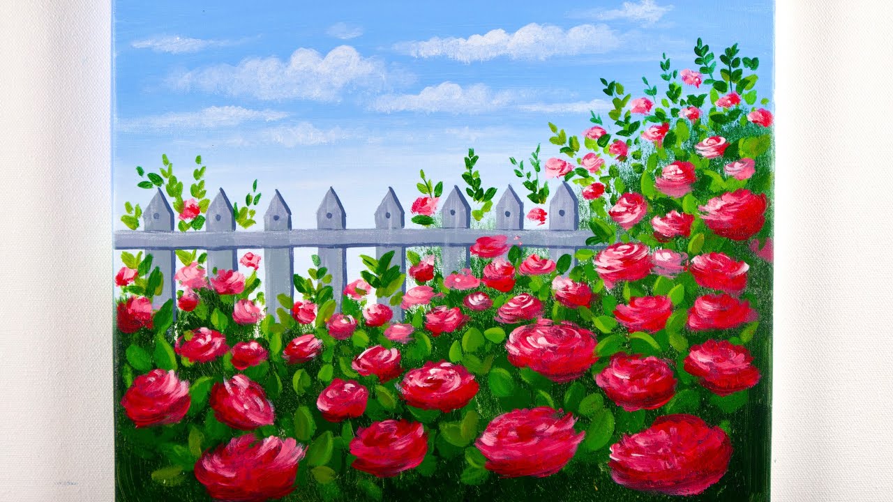 Acrylic Painting Tutorial | Acrylic Painting Floral Garden Fence