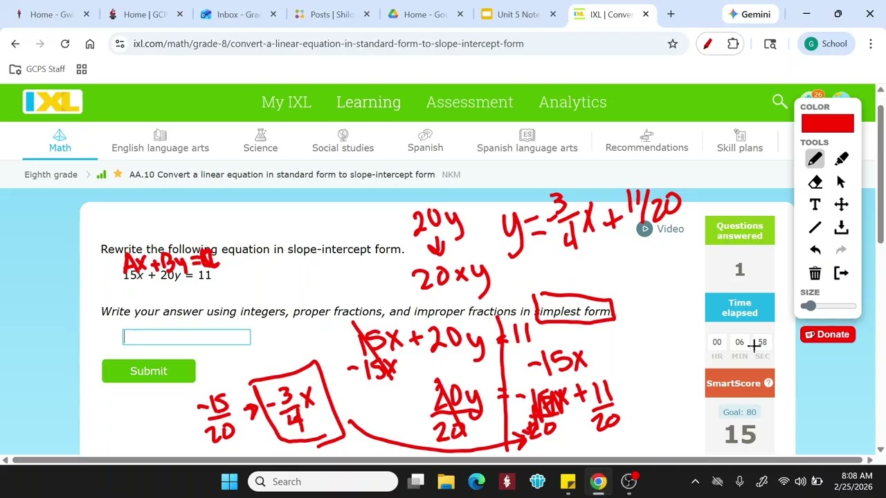 IXL: Convert a linear equation in standard form to slope-intercept form