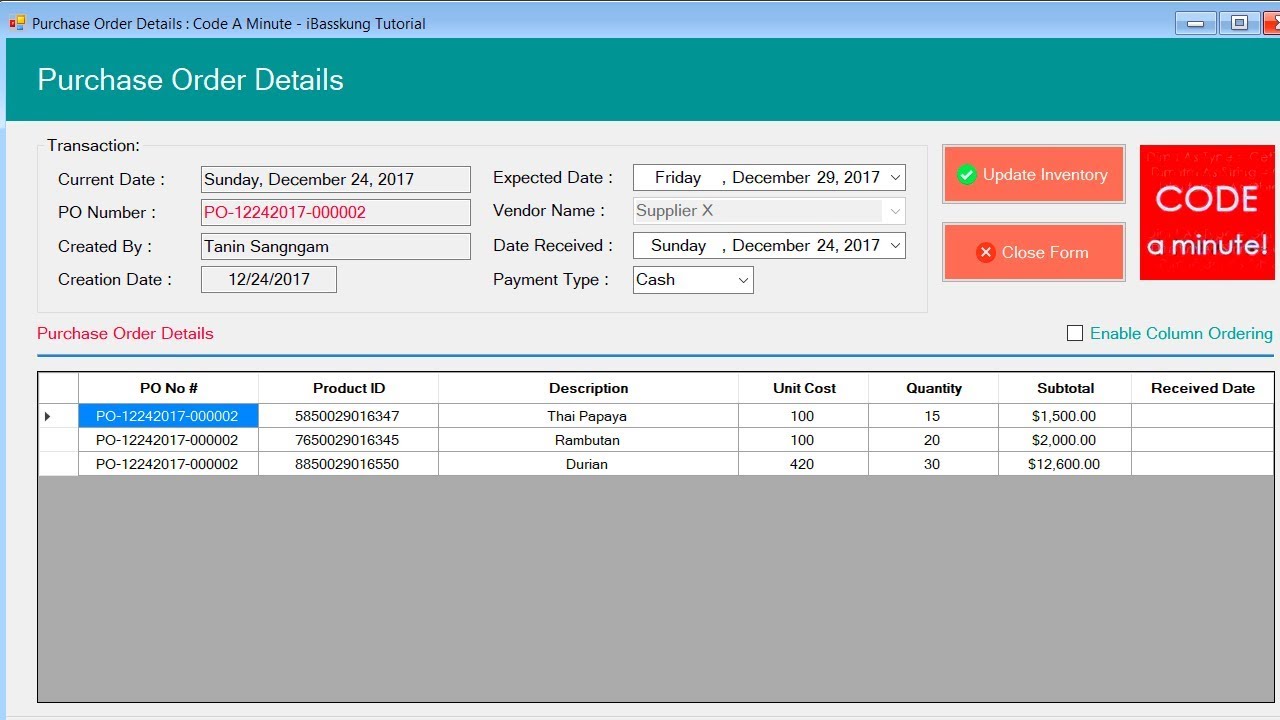 VB.NET Inventory Management System - Purchase Order Tracking