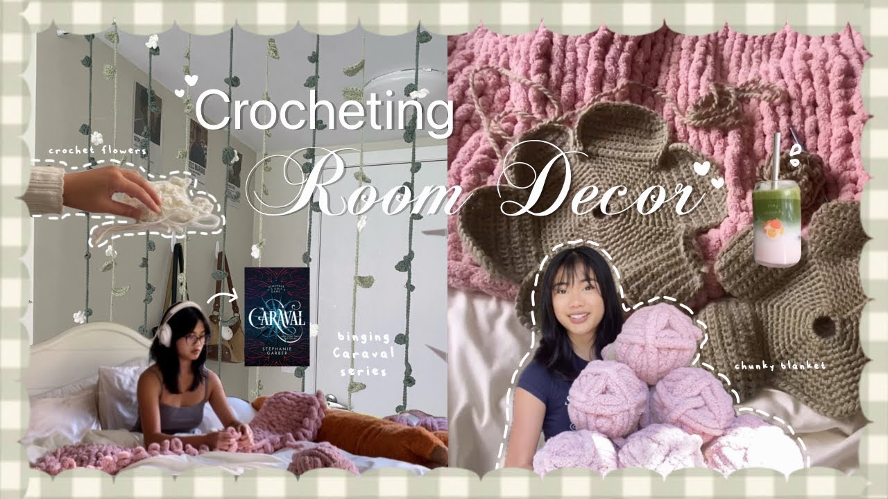 Crocheting room decor 🧸🩰 ⋆˙⟡ knit blanket, flower pillow, hanging vines