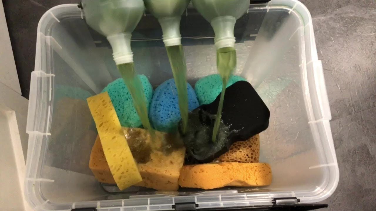 Sponge ASMR with 3 bottles of cleaner