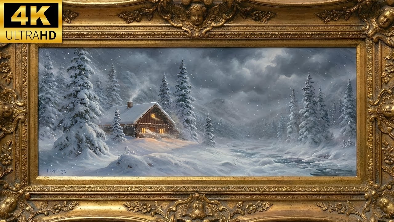 4K UHD CHRISTMAS Vintage Winter Oil Painted Gold Frame Tv Art | Cozy Holiday Screensaver | No Music