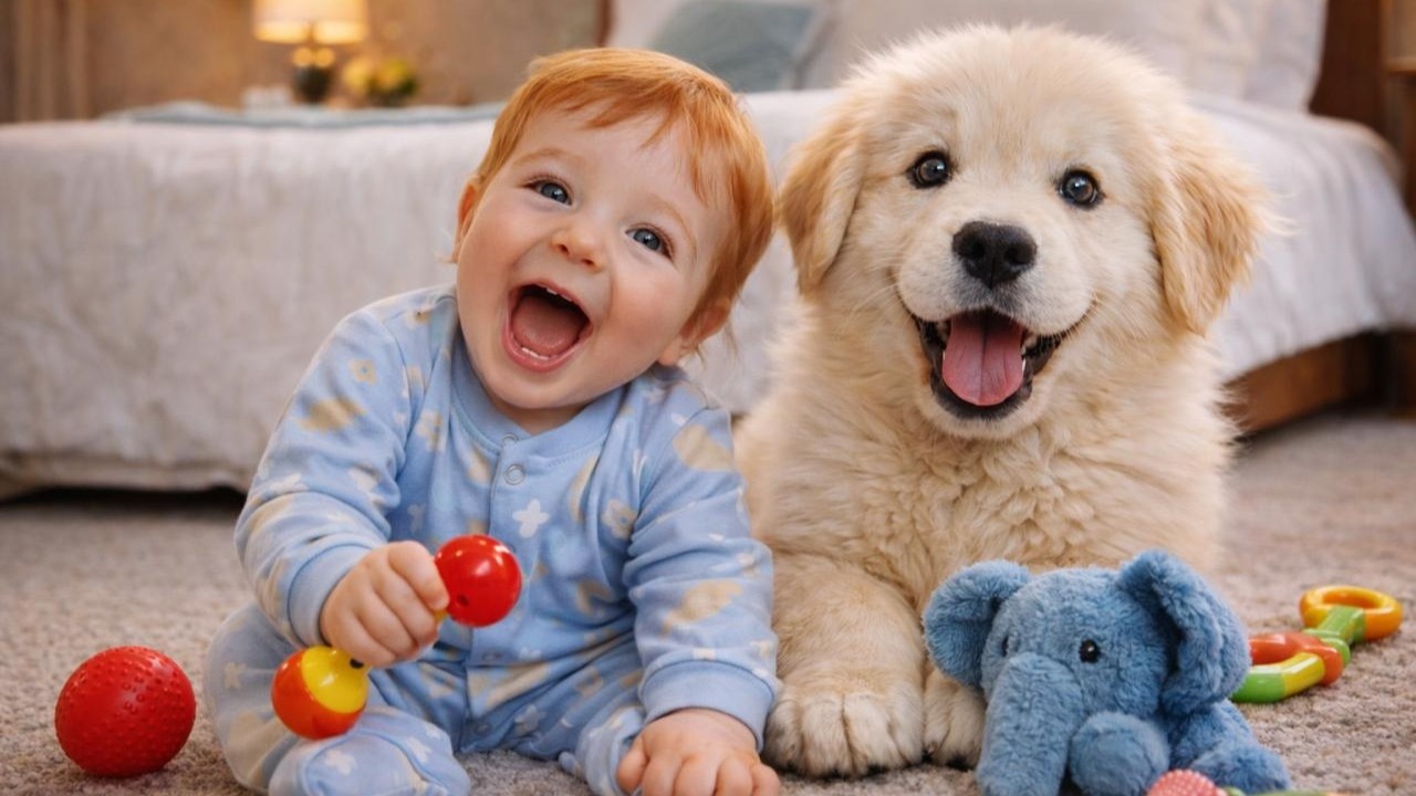 Adorable Baby Playing with Toys 🧸👶 | Puppy Joins the Fun 🐾| Sweet Toy Time Magic 🌈