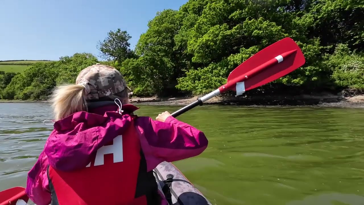 Canoeing on the River Dart at Stoke Gabriel. Itiwit 100 3 man blow up canoe