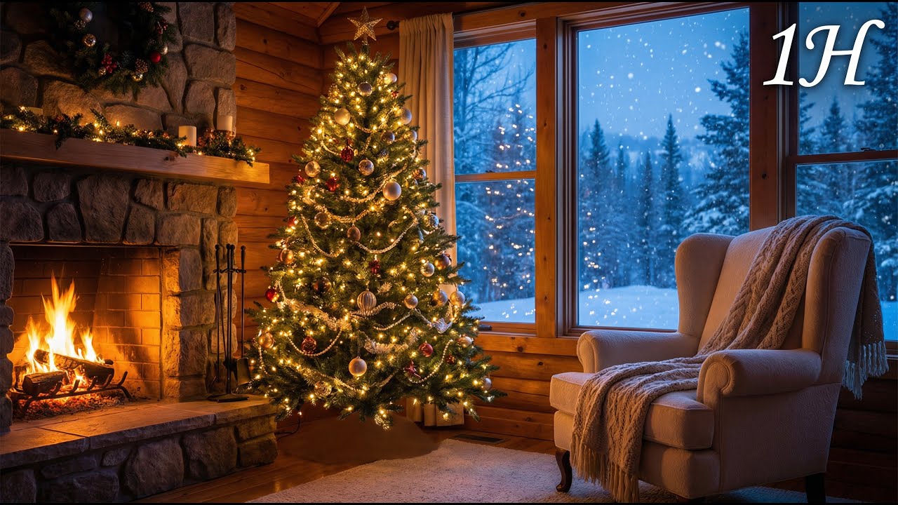 🎄🔥1 Hour Cozy Cabin Hideaway – Relaxing Christmas Bells Music & Crackling Fireplace Ambience
