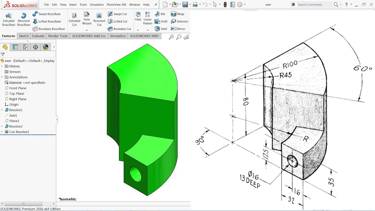SolidWorks Tutorial for beginners Exercise 63 (Revolved Boss base and cut)