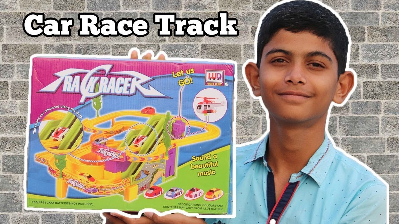 Car Track Racer Toy for Kids with Rotating Helicopter // toys unboxing