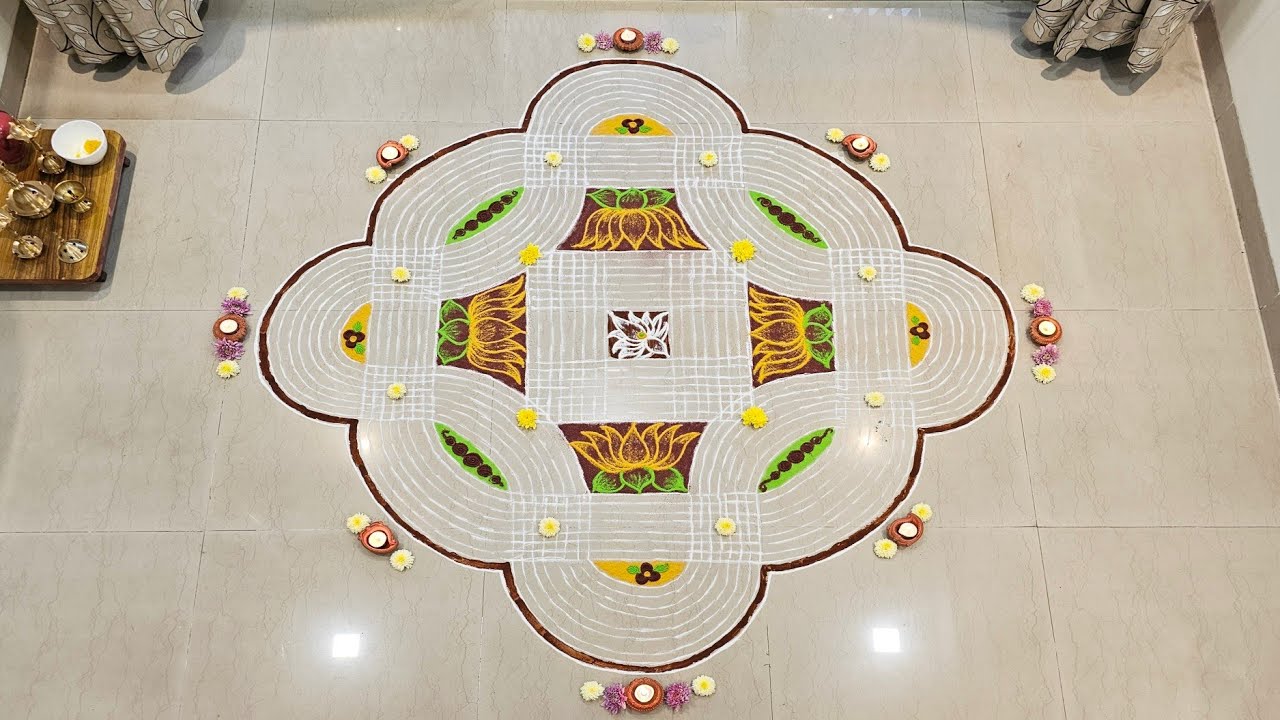 Rettai Izhai Kanya Kolam | Traditional Diwali Kolam Design | Simple Kolam with Lotus 🪷