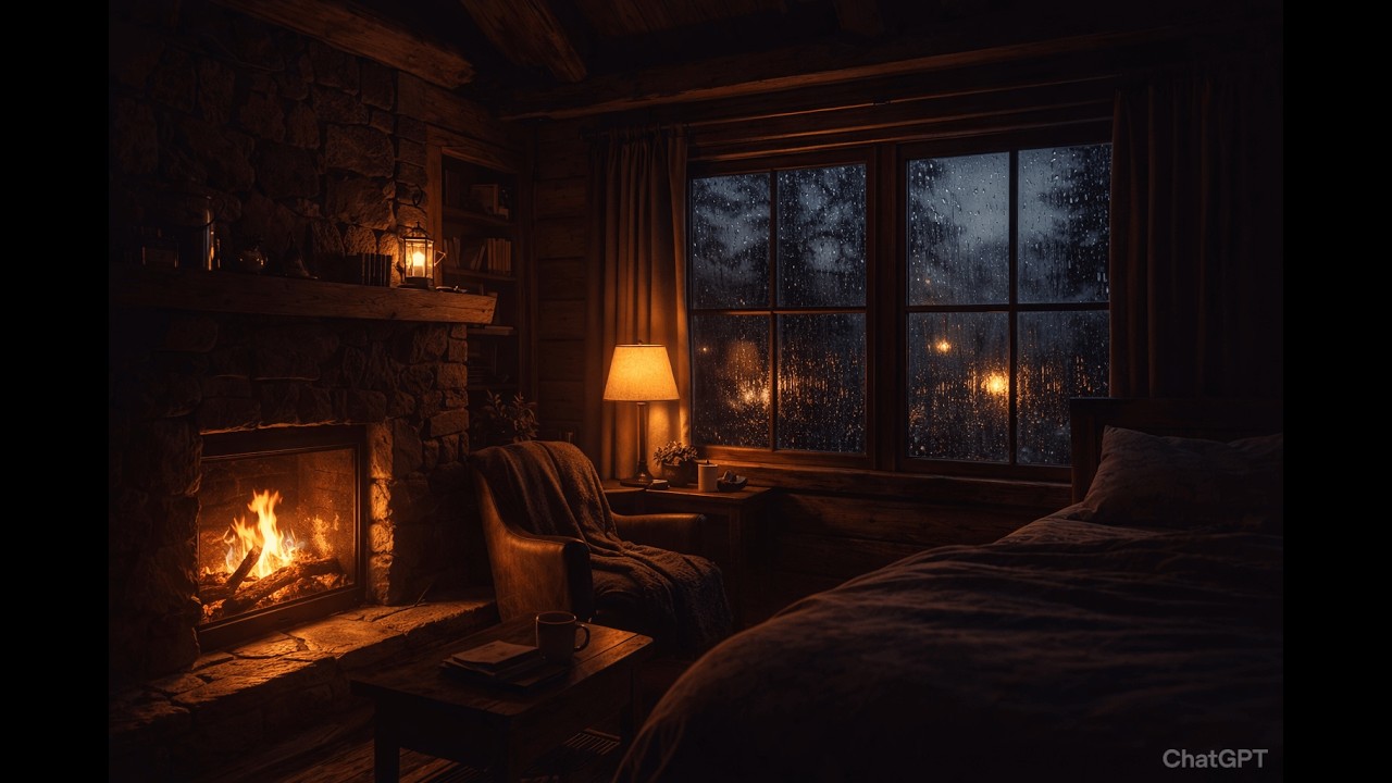 Cozy Fireplace Rainy Night Ambience with Crackling Fireplace – Sleep, Relax, Study (2 Hour)