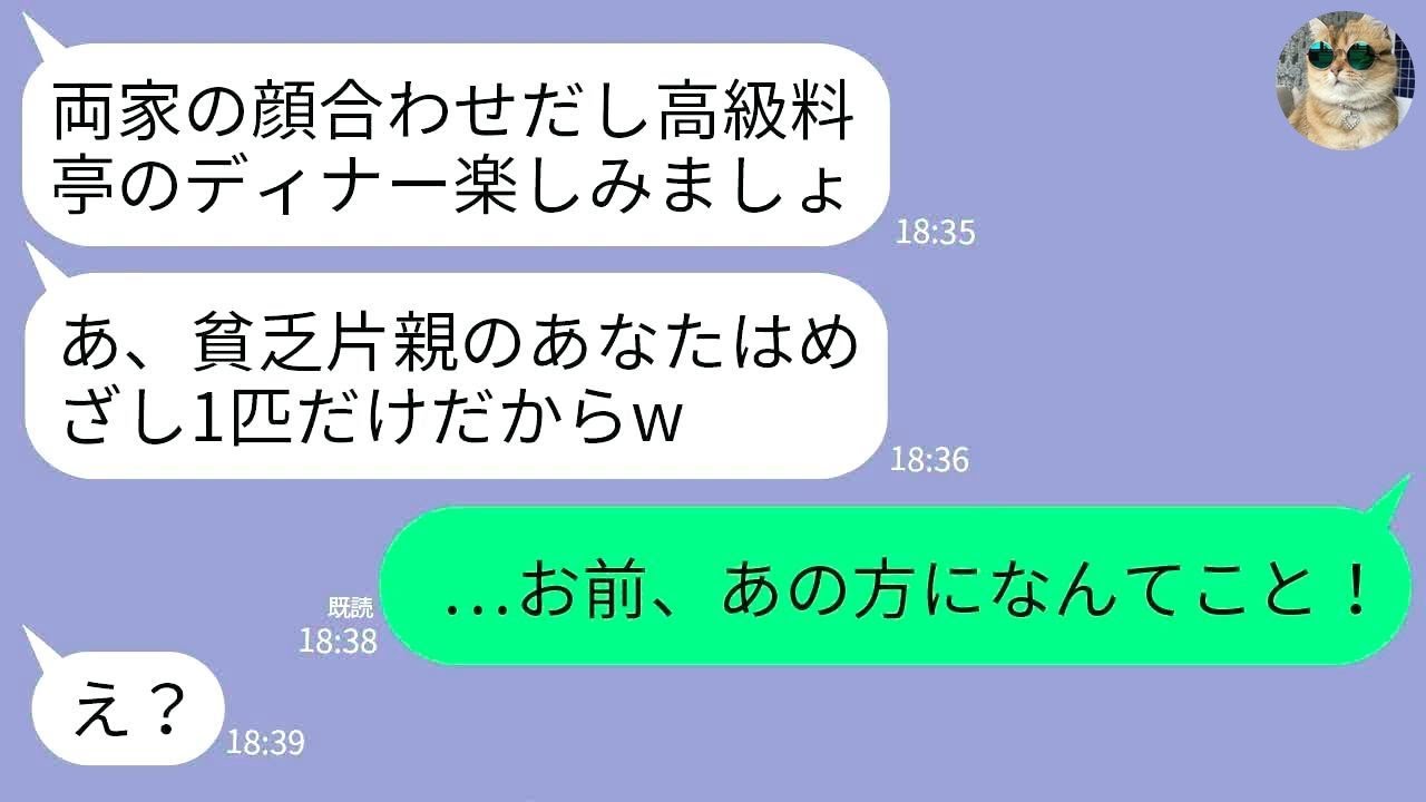 【LINE】母子家庭で育てた長男の結婚の挨拶で高級料亭に行くと私だけめざし1匹だった…。嫁母「貧乏人はそれで飯食えw」→直後、義父が私を見て青ざめ、義家族は地獄へwww