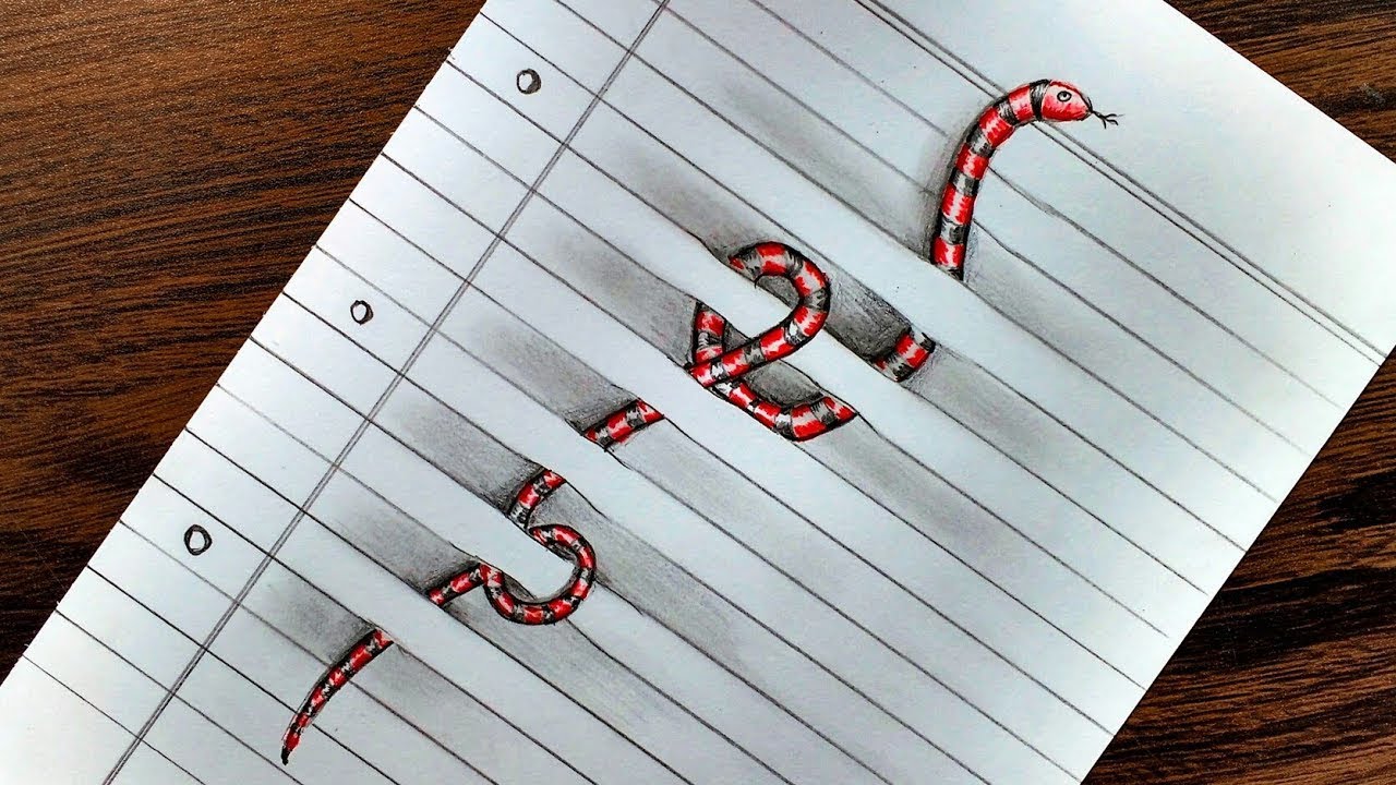 Snake on Line Paper - Easy 3D Trick Art for beginning step by step