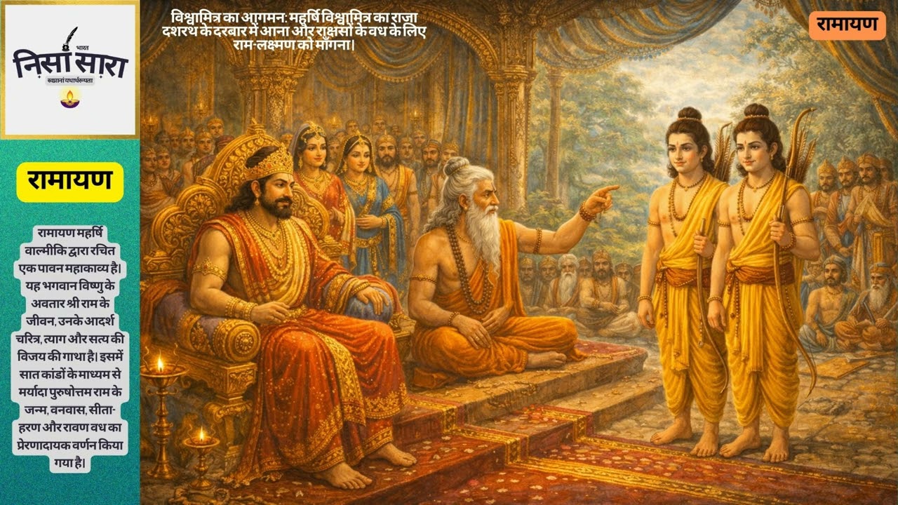 विश्वामित्र का आगमन: महर्षि विश्वामित्र काmराक्षसों के वध के लिए राम-लक्ष्मण को माँगना। Nisa Sara