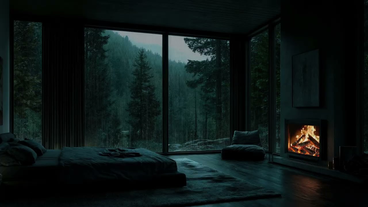 Heavy Rain in a Forest Cabin 🌧️🔥 Fireplace Sounds for Stress Relief, Focus and Better Sleep