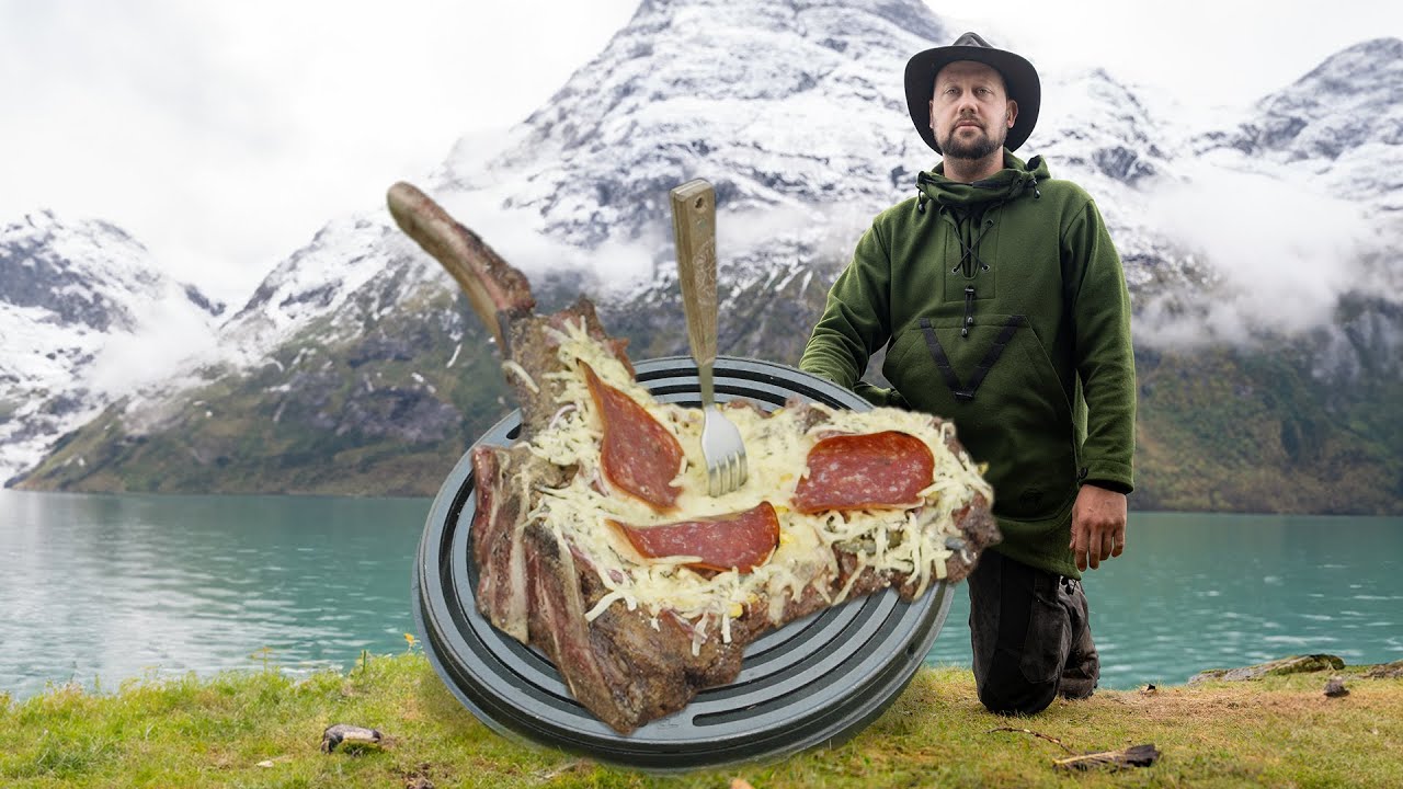 Pizza de carne Tomahawk assada na natureza | ASMR Outdoor Cooking