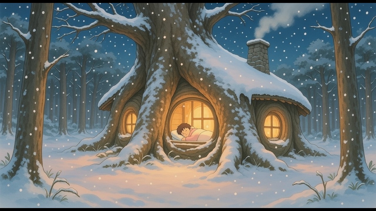 Safe Haven with Grandparents | A Cozy Blizzard Night in a Tree Trunk House | Ghibli-Style Video