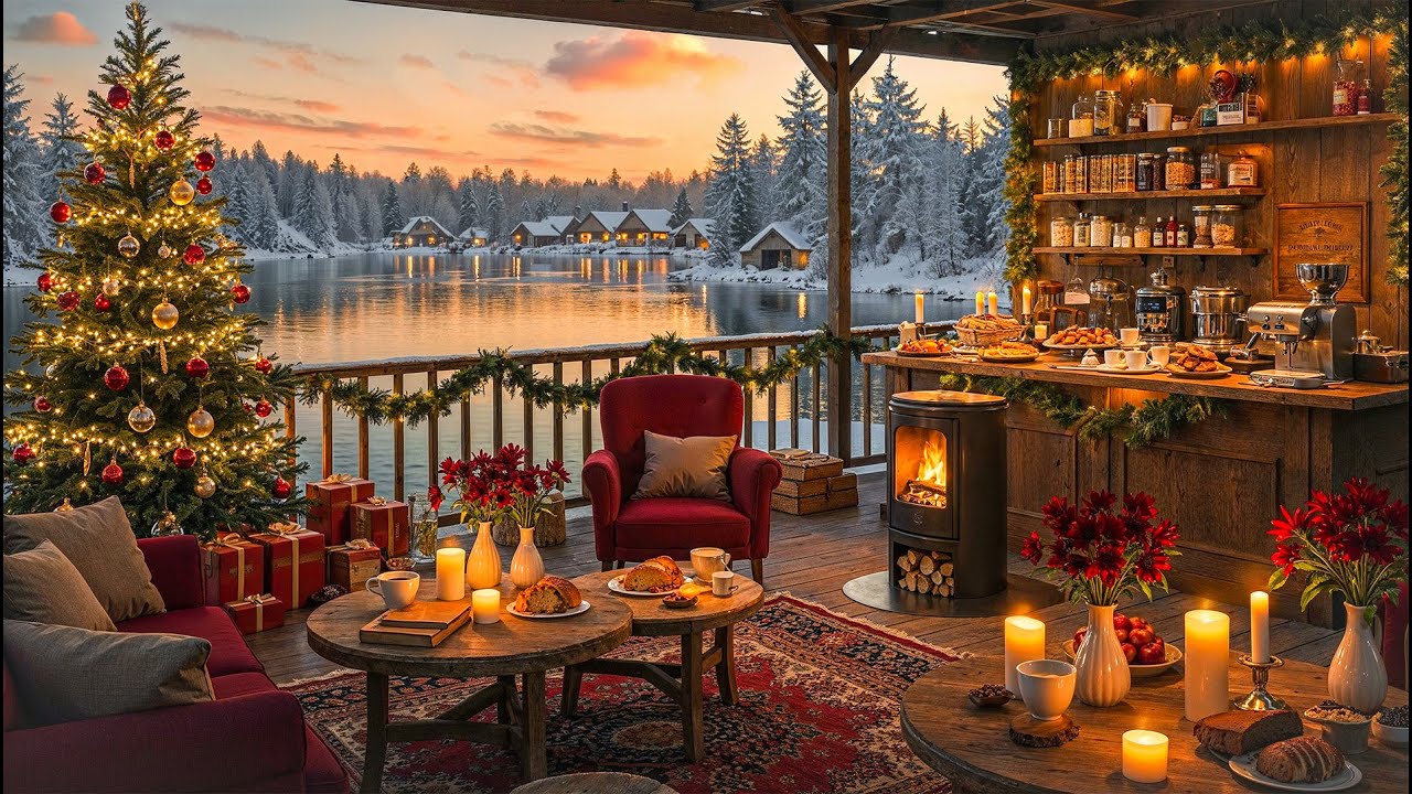 Christmas Jazz Caf&eacute; by the Lakeside Sunset ☕🎄 Smooth Jazz Music & Cozy Fireplace Ambience