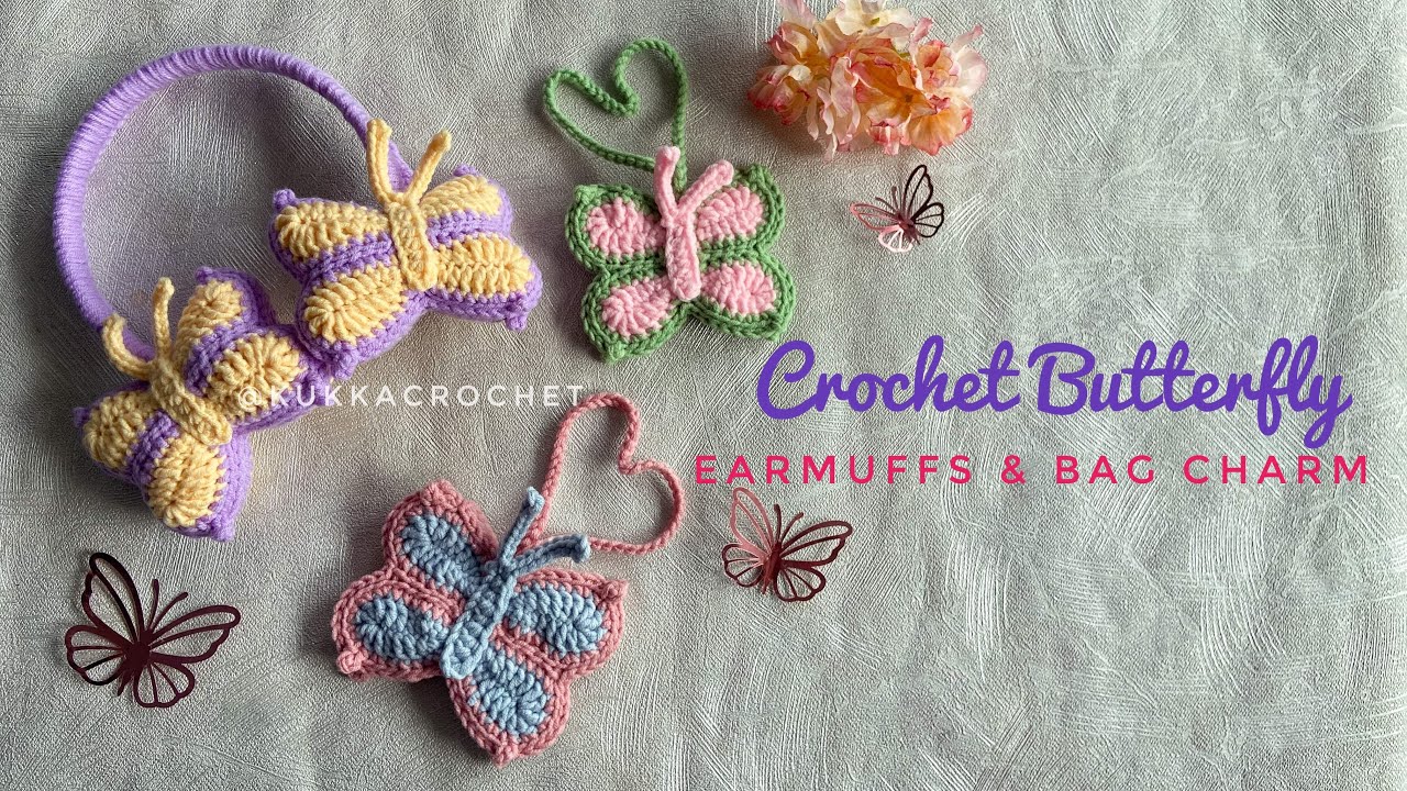 Crochet Cute Butterfly Earmuffs and Bag Charm 🦋 | Crochet Butterfly Pouch Tutorial 🦋