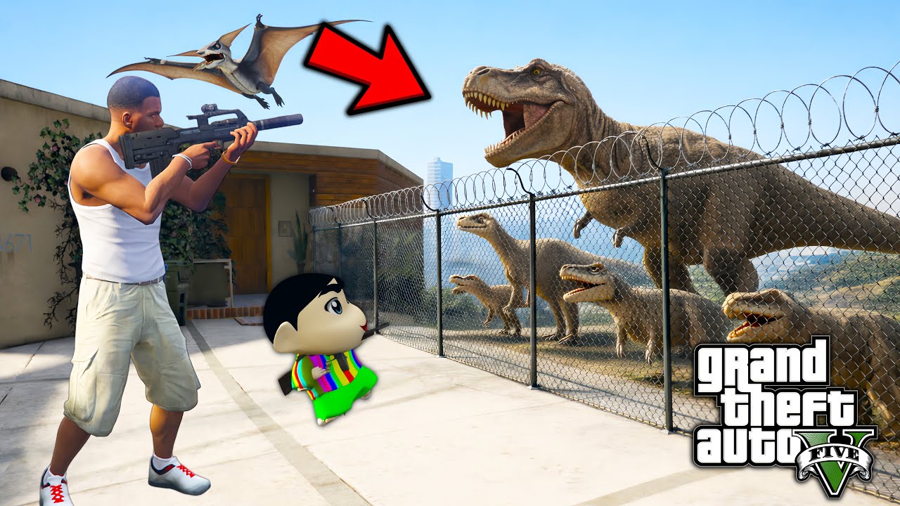 Franklin Protects His House From Dinosaur in GTA 5 | GTA 5 Mods