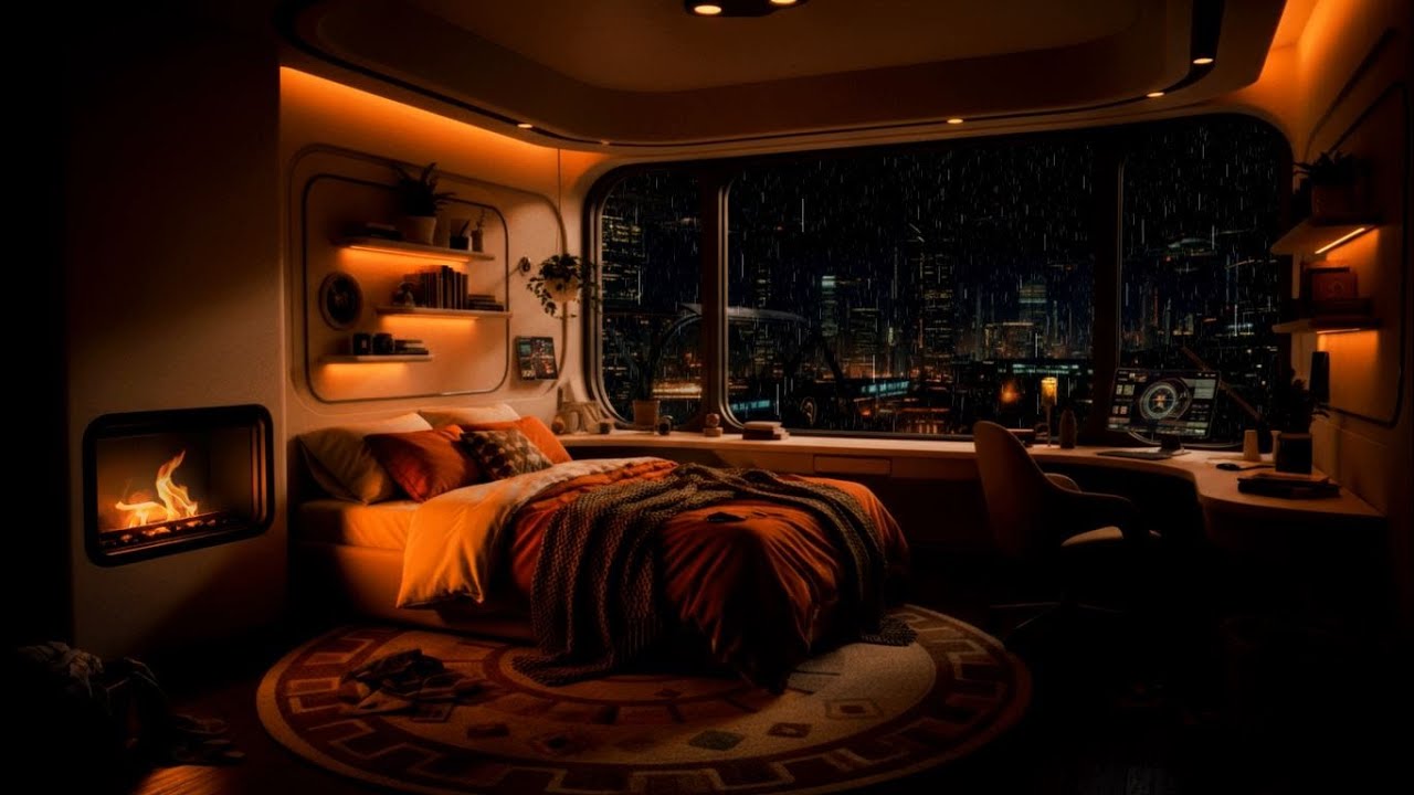 Cozy Futuristic Bedroom 🌧️ Cyberpunk Rain & Fireplace | 10 Hours | No Music | Sleep, Relax, Study