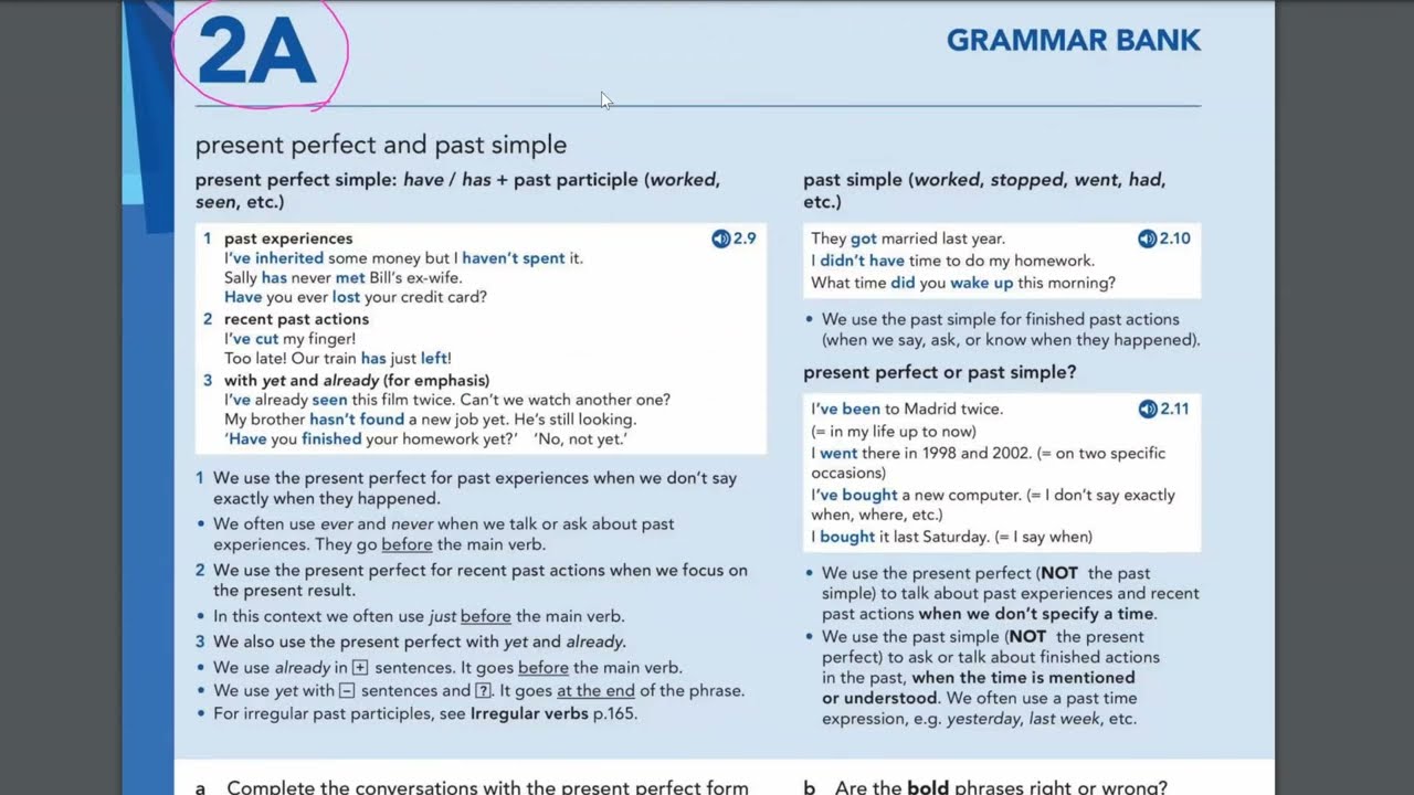 English File Intermediate Grammar 2A, How to differentiate present perfect and past simple