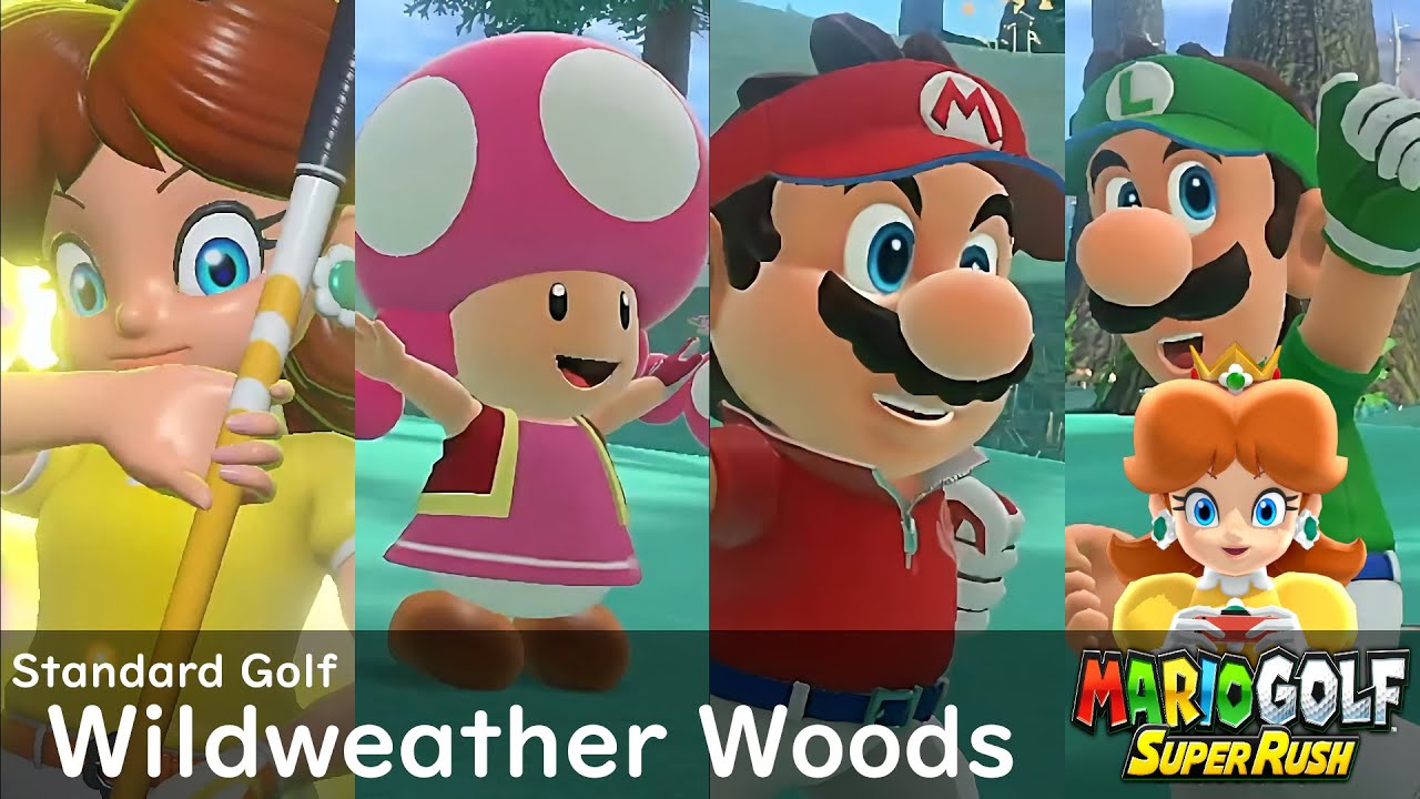 Mario Golf Super Rush Daisy vs Toadette vs Mario vs Luigi in Wildweather Woods